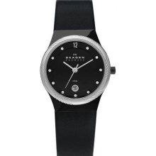 Stainless Steel Quartz Black Dial Black Leather Strap