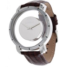 Steinhausen Mens Stainless Steel Floating Quartz Silver Dial Watch with Lizard Grain Leather Band (Silver/Brown)