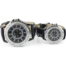 Unisex Leather Band Analog Wrist Quartz Watch With Diamond(Black)