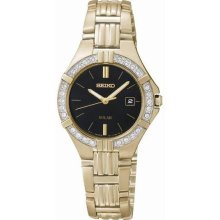Women's Solar Gold Tone Stainless Steel Case and Bracelet Black Tone Dial Crysta
