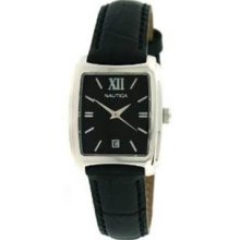 Women's Stainless Steel Case Black Dial Leather Bracelet Date