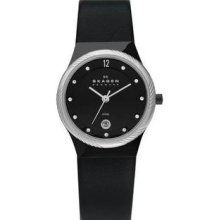 Women's Stainless Steel Quartz Black Dial Black Leather