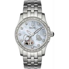 Women's Stainless Steel Skeleton Automatic Mother of Pearl Dial