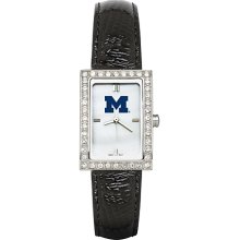 Womens University Of Michigan Watch with Black Leather Strap and CZ Accents