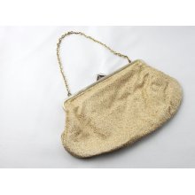 1960s Gold Cream Woven Fabric Small Clutch Bag with Chain