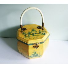 1970s Yellow Octagonal Box Purse with a Signed Hand Painted Dutch Motif in Teal