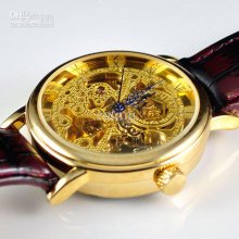 2012 Hotsale See Through Gold Tone Mechanical Mens Leather Watch Coo