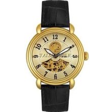 $250 Stauer Mens Skeleton Stainless Steel Watch Croco Leather Gold Dial