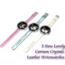 3 X Lovely Cartoon Crystals Leather Watches Kt07k