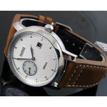 43mm Parnis White Dial Special Automatic Seagll 2555 Cow Leather Watch Date P297