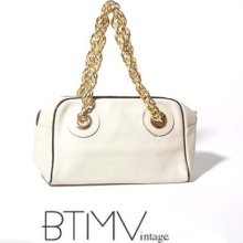 60s oversized gold CHAIN handle MOD cream leather purse bag metal goldtone baguette OS