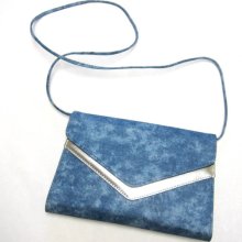 80s Acid Washed Jean Look Clutch Envelope Flap Handbag Purse Silver Metallic