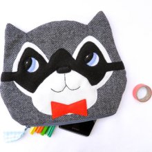 8inch brown raccoon zipper pouch with a orange bowtie - in tweed