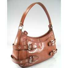 Adrienne Vittadini Glazed Leather Hobo Handbag $260 Cmp Cognac Brown Near Mint