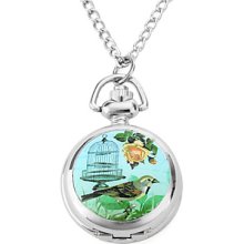 Analog Women's Alloy Quartz Necklace Watches with Bird and Cage (Silver)