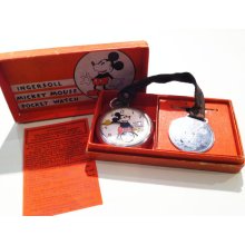 Antique Mickey Mouse Pocket Watch Ingersoll 1933 w/ Box Fob & Warranty Disneyana