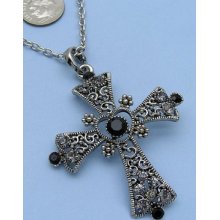 Antique Style Black Cross Rhinestone Crystal Necklace