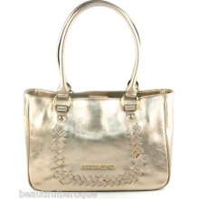 Antonio Melani Dana Satchel Metallic Gold Genuine Leather Weave Handbag