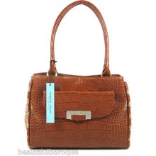 Antonio Melani Jaqueline Cognac Brown Croc Embossed Leather Satchel Handbag