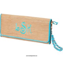 Aqua Blue Summer Woven Straw Clutch Wristlet Wallet Purse Chain Strap