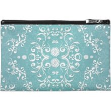 Aqua Teal and White Floral Damask Travel Accessories Bag