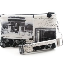 Arc de Triomphe wristlet / Paris clutch / small purse / zipper pouch & detachable key fob gift set for women in modern style photo fabric