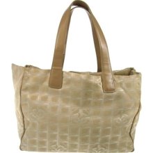 Auth Chanel Travel Line Hand Tote Bag Beige Jacquard Nylon Vintage W08963