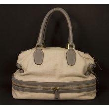 Auth Chloe Andy Expandable Tote Gray Leather & Beige Fabric Bag