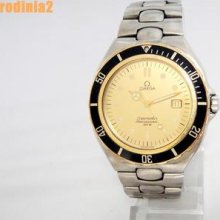 Auth Omega Mens Full Size Seamaster Gold Dial 18k & Ss Watch Quartz In Great