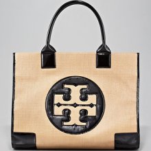 Authentic Tory Burch Straw Ella Beige/black Tote Bag