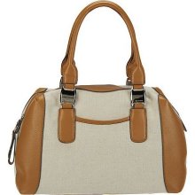 B. Makowsky Cotton Canvas Zip Top Satchel with Leather Trim - Beige/Caramel - One Size