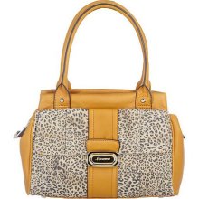 B.Makowsky Glove Leather Zip Top Satchel with Flap Pocket - Cognac Leopard - One Size