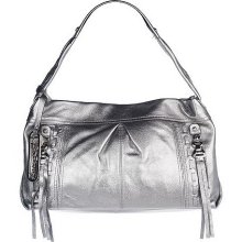 B. Makowsky Glove Leather Hobo w/Zipper Pockets and Stitch Detail - Pewter - One Size