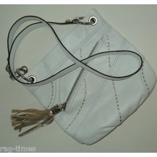 B Makowsky White Tasseled Leather Crossbody Handbag Medium Gold Silver Trim