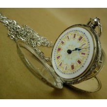 Beautiful Antique Sterling Silver Enamel Dial Pendant Watch-rare