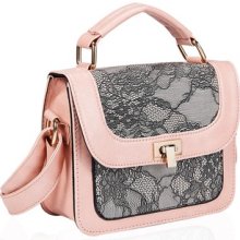 Beautiful Baby Pink Black Lace Faux Leather Ladies Across Body Handbag In