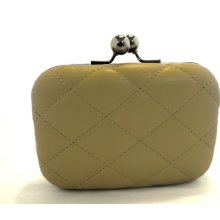 Beige Cream Khaki Quilted Leather Minaudiere Cocktail Evening Clutch Purse - Beige - Leather