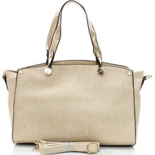 Beige Faux Leather Solid Color Satchel Handbag With Adjustable Shoulder Strap