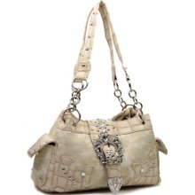 Beige Western Rhinestone Celebrity Belt Faux Leather Croc Trim Handbag Purse