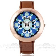 Big Face Rosegolden Case Women Girl Pu Leather Strap Quartz Analog Wrist Watch