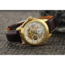 Big Sale Sports Men's Skeleton Automatic Mechanical Brown Pu Leather Wrist Watch