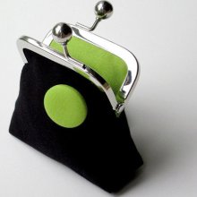 Black and lime green organic canvas coin purse with matching button detail ... small purse ... eco gift for her