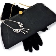 Black Evening Bag or Purse from The 1960's with Gold Chain Handle