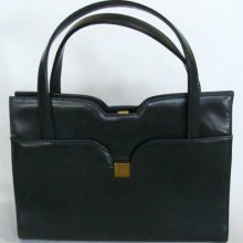 Black Genuine Leather Handbag by Dofan France, 50s 60s Black Purse Kelly Style Bag, Retro Designer Handbag Purses