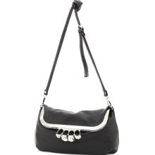 Black Push Lock Flap Skull Accent Women Shoulder Bag With Adjustable Strap