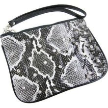 Black Python Print Rhinestone Wristlet Bag Cosmetic