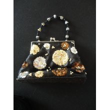 Black Satin Beaded Sequin Clutch Purse Handbag