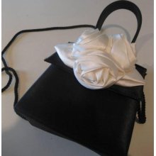 Black Satin Evening Bag Purse W 3 White Satin Roses Attached