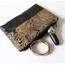 Black Tapestry and Black Leather Small Clutch