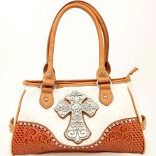 Blazin Roxx Brown Ostrich Embossed Rhinestone Cross Satchel Handbag